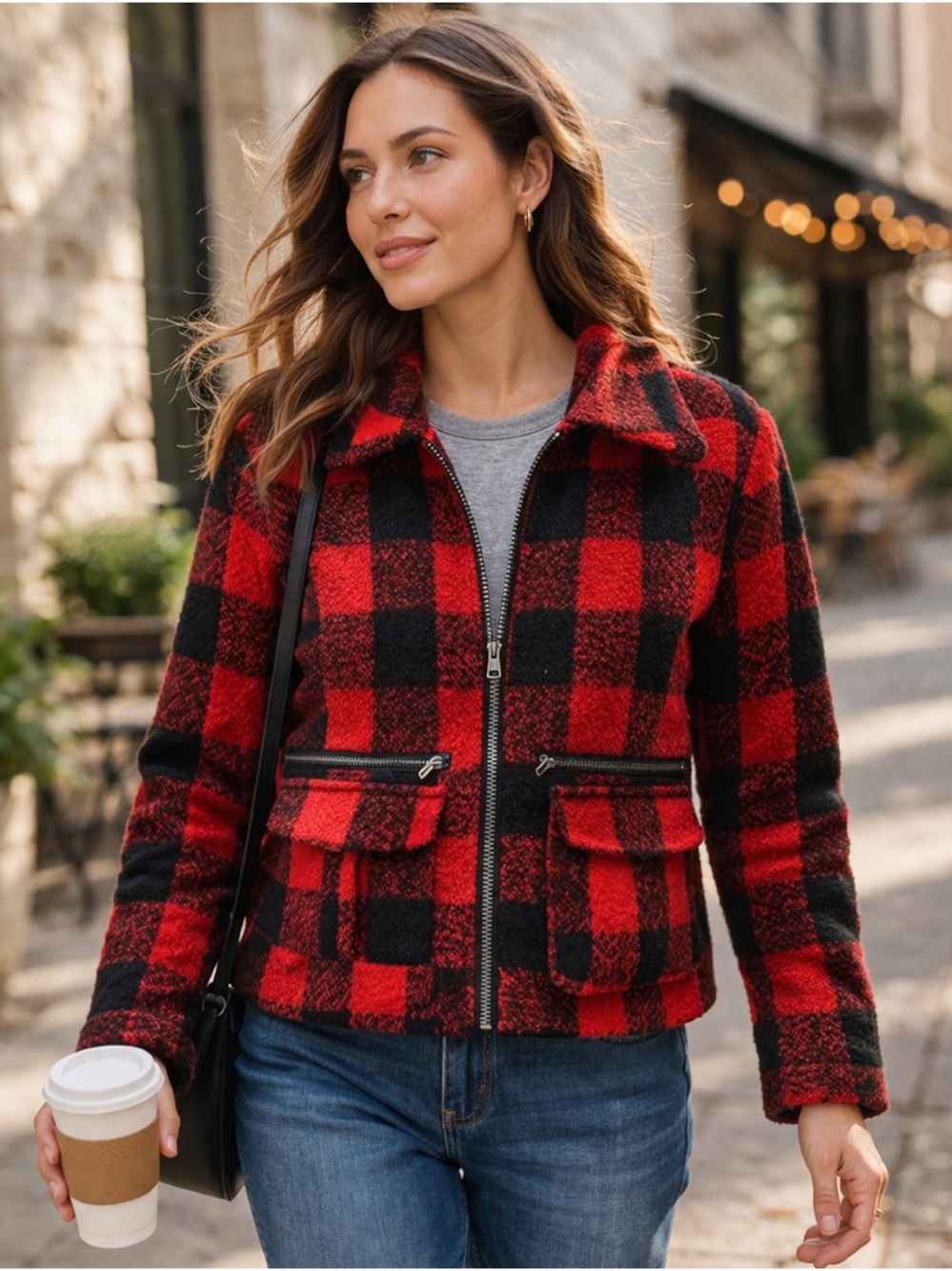 Rewind Buffalo Plaid Jacket Red Black Zip Cozy Small